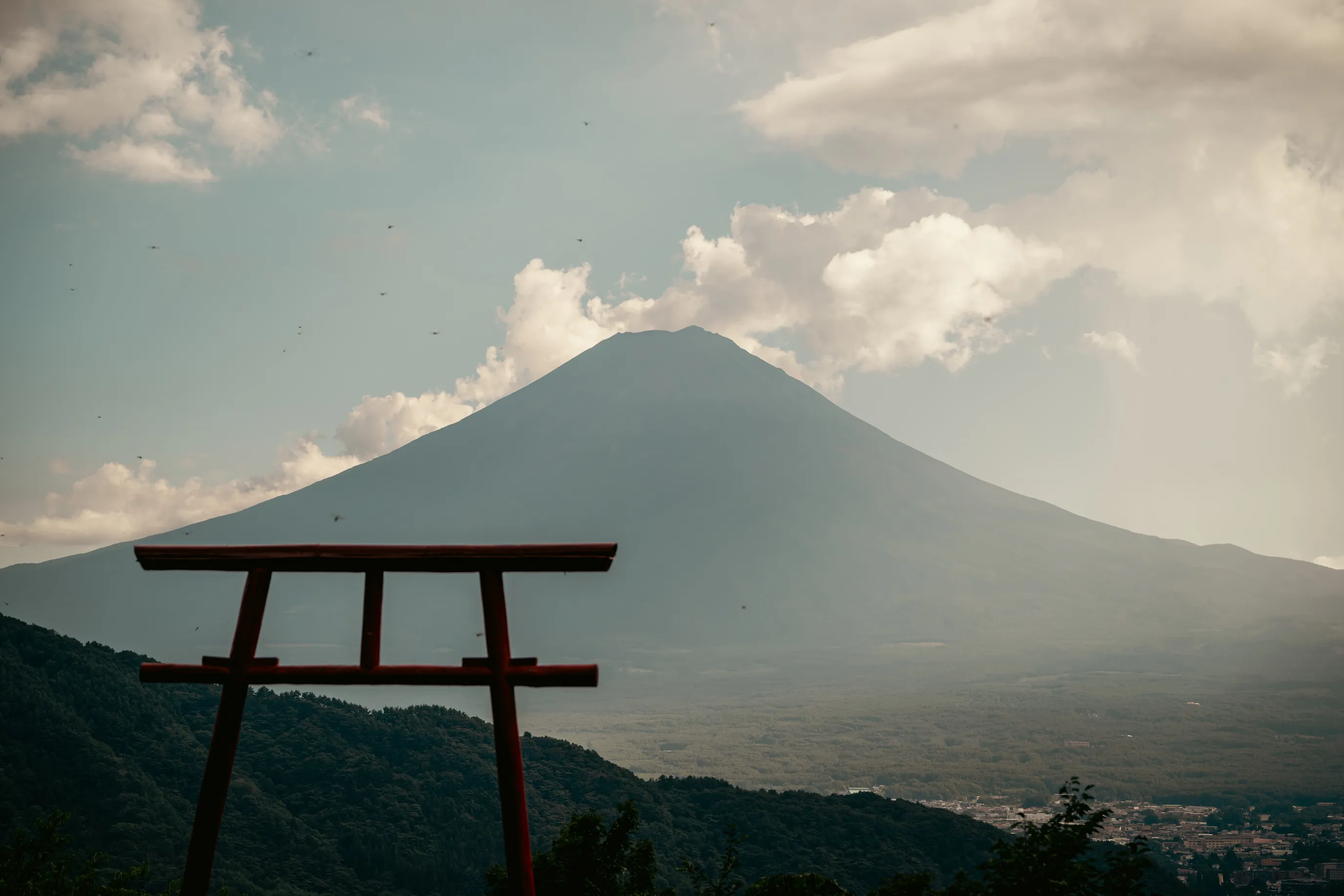 A red torii before the distant Fuji